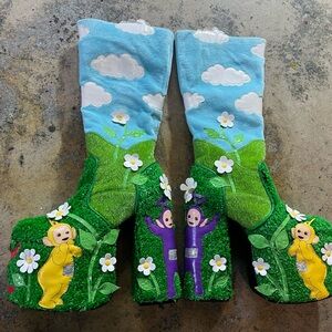 Dolls Kill Teletubbies Heeled Boots - Green and Blue